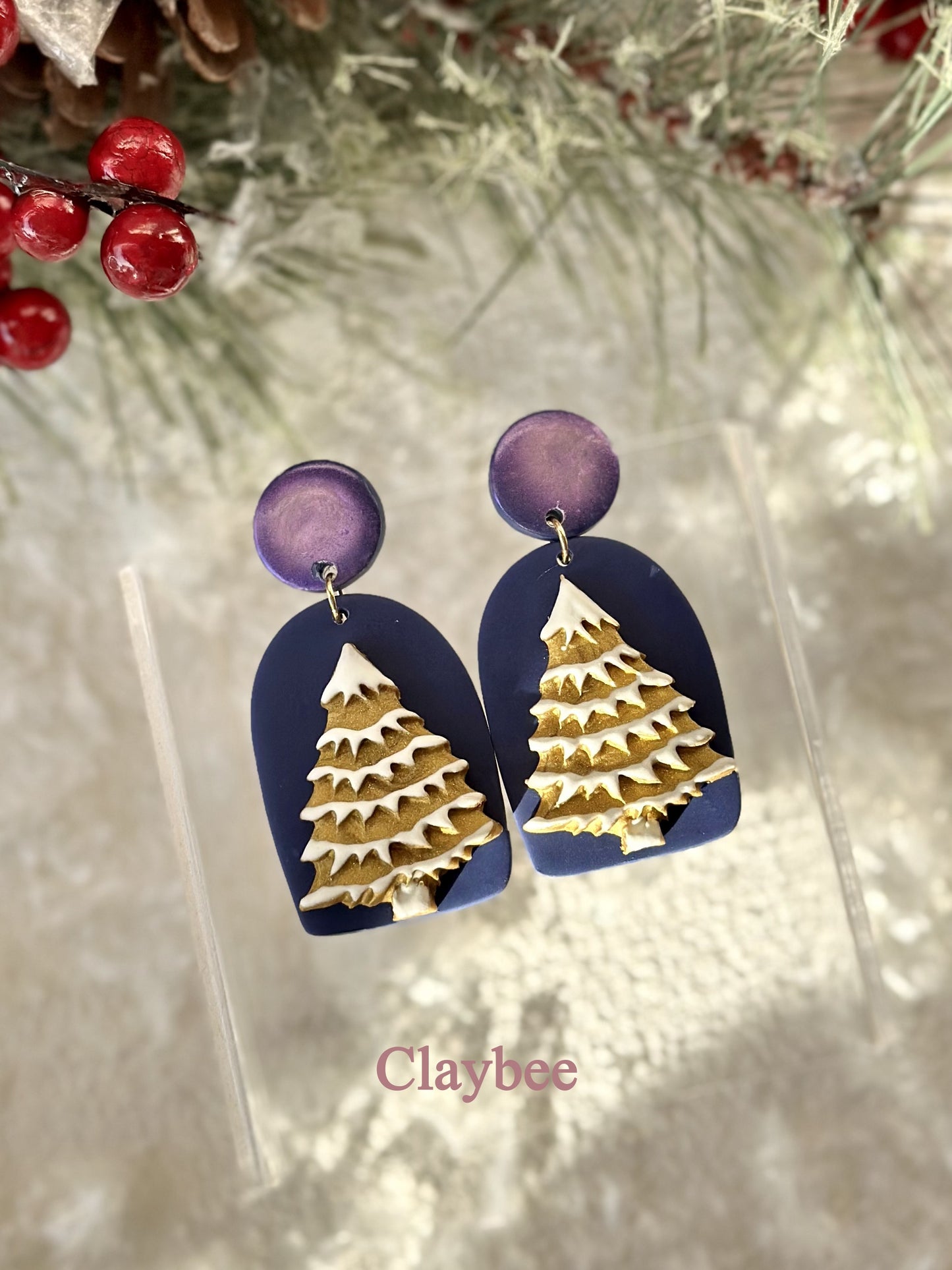 Christmas Snowy Tree Earrings  .. Festive Colors .. Dangling Earrings .. Polymer Clay