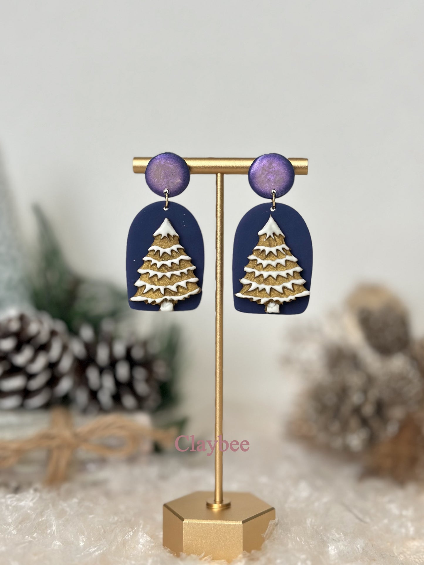 Christmas Snowy Tree Earrings  .. Festive Colors .. Dangling Earrings .. Polymer Clay