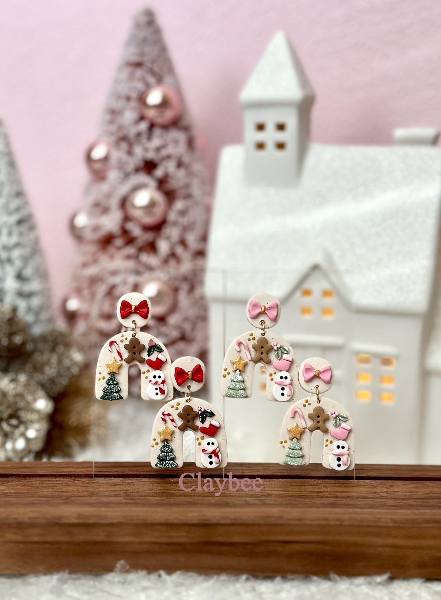 Christmas Tree and Gingerbread man with Bow Slab Earrings Dangling Earrings .. Polymer Clay