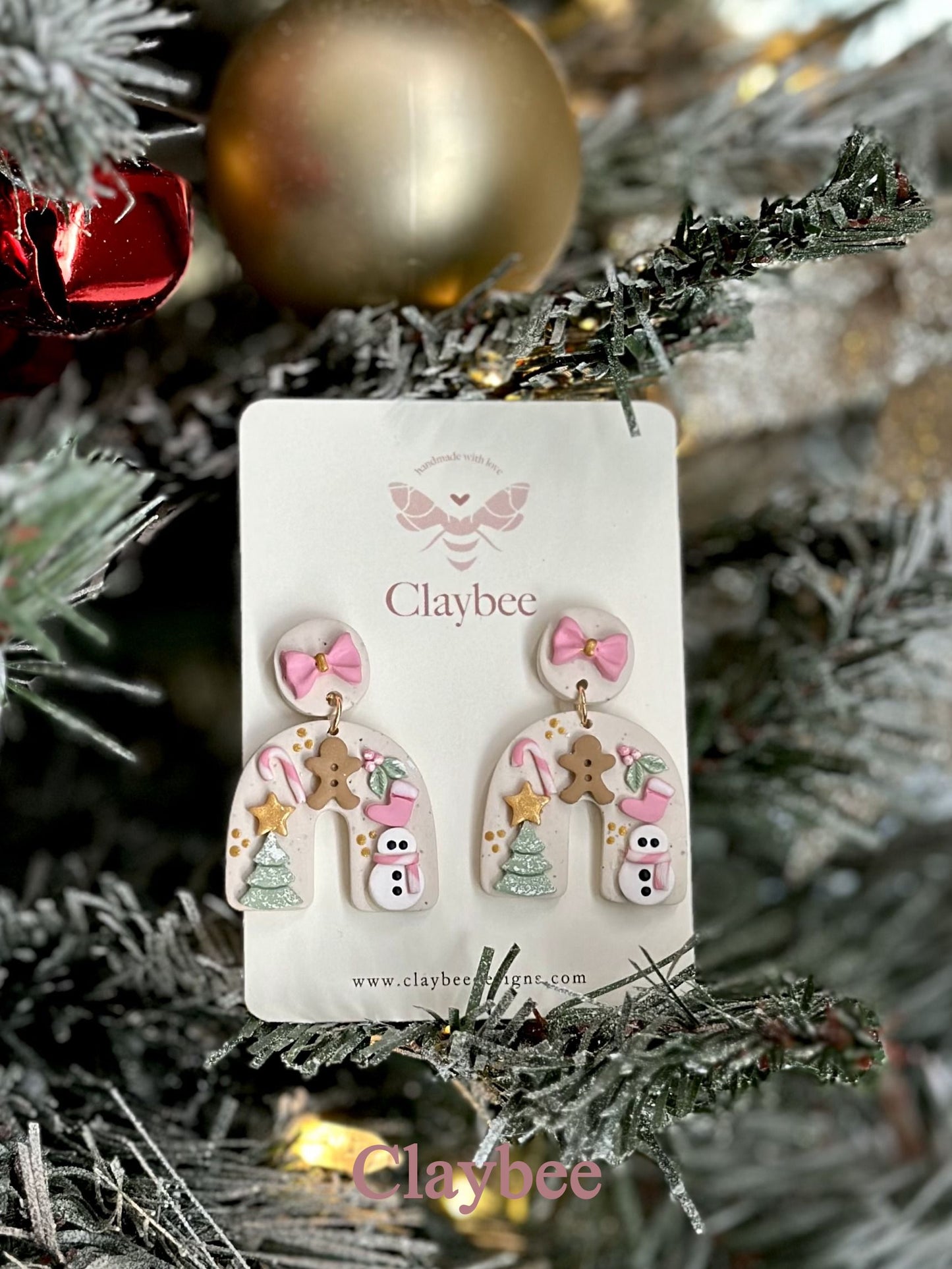 Christmas Tree and Gingerbread man with Bow Slab Earrings Dangling Earrings .. Polymer Clay