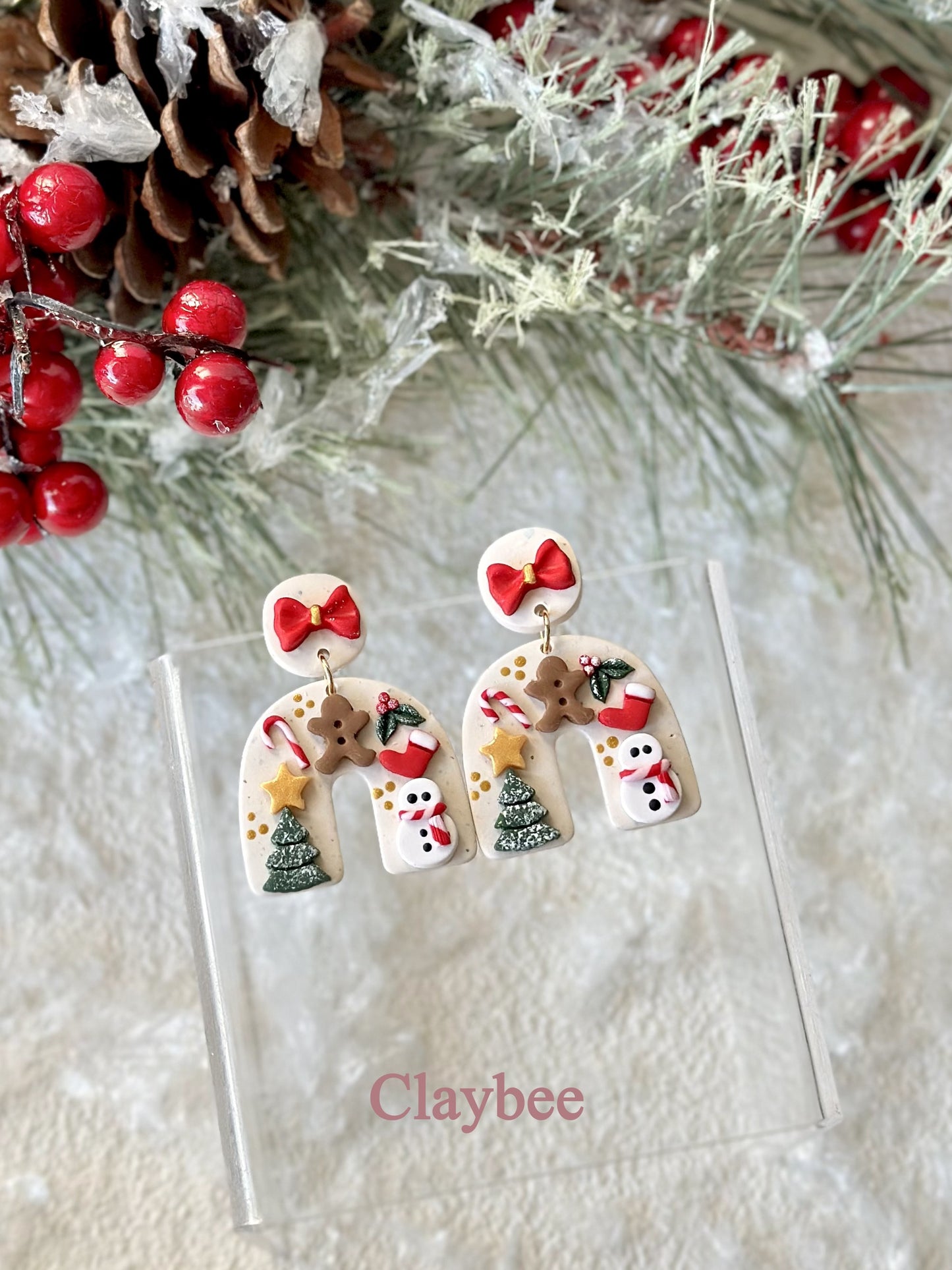 Christmas Tree and Gingerbread man with Bow Slab Earrings Dangling Earrings .. Polymer Clay