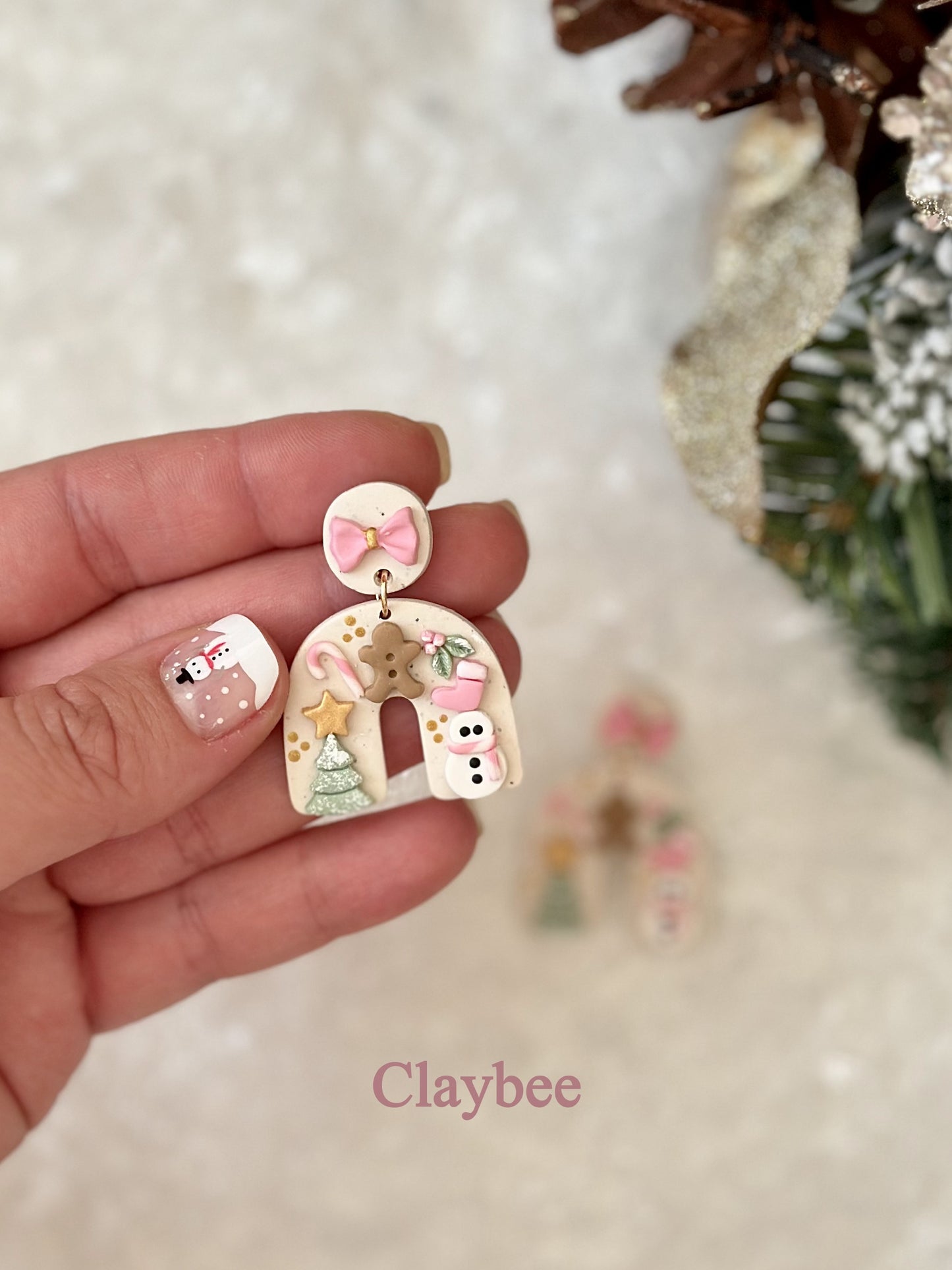 Christmas Tree and Gingerbread man with Bow Slab Earrings Dangling Earrings .. Polymer Clay