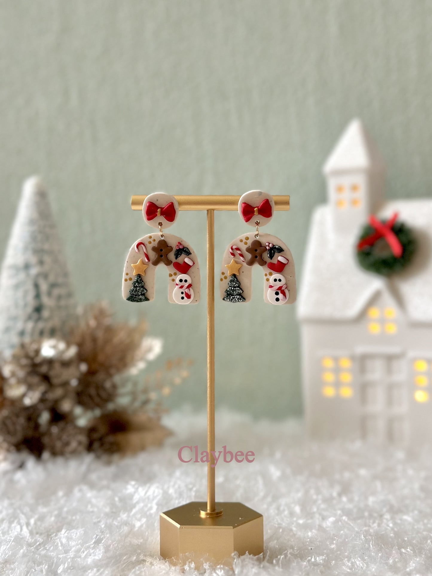 Christmas Tree and Gingerbread man with Bow Slab Earrings Dangling Earrings .. Polymer Clay