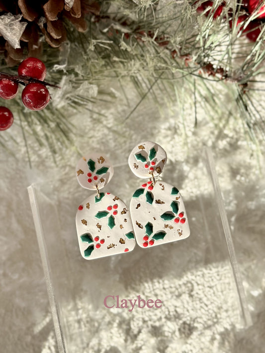 Christmas Holly Leaf Slab Earrings .. Festive Colors .. Dangling Earrings .. Polymer Clay