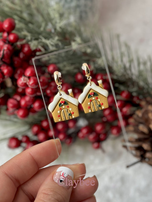 Christmas Gingerbread House Earrings .. Festive Colors .. Dangling Earrings .. Polymer Clay