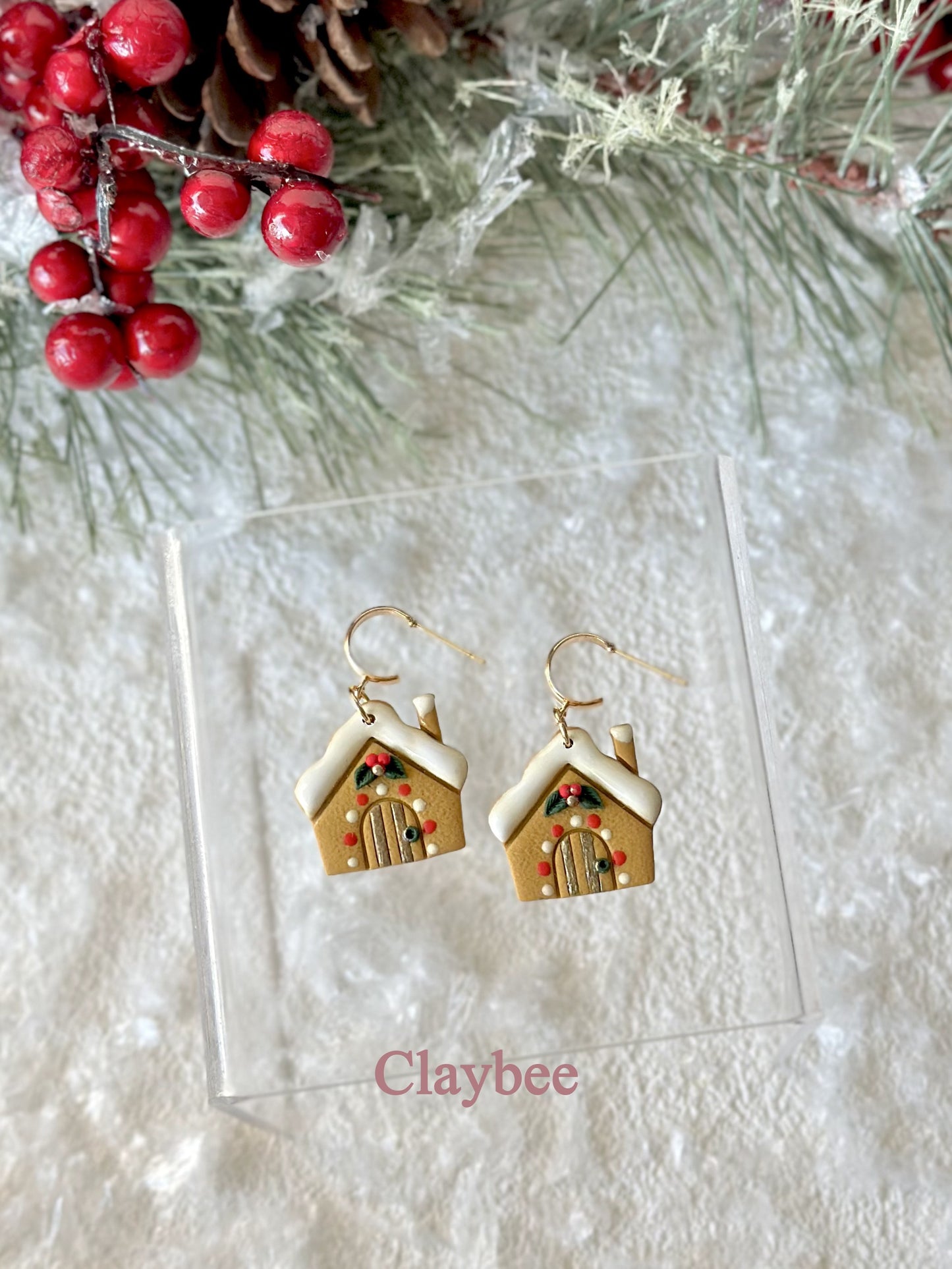 Christmas Gingerbread House Earrings .. Festive Colors .. Dangling Earrings .. Polymer Clay