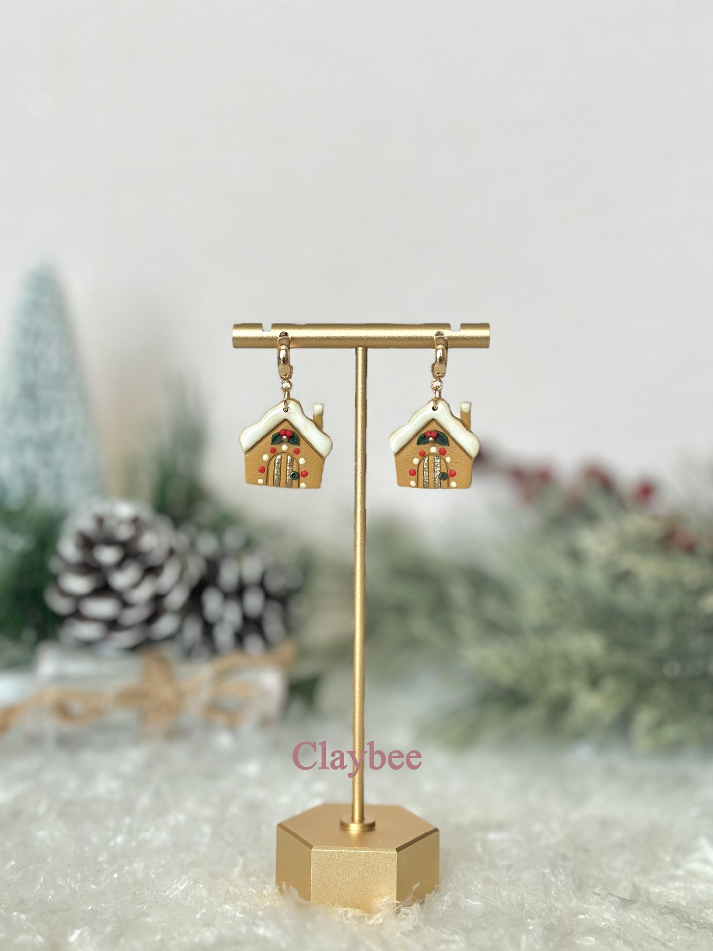 Christmas Gingerbread House Earrings .. Festive Colors .. Dangling Earrings .. Polymer Clay