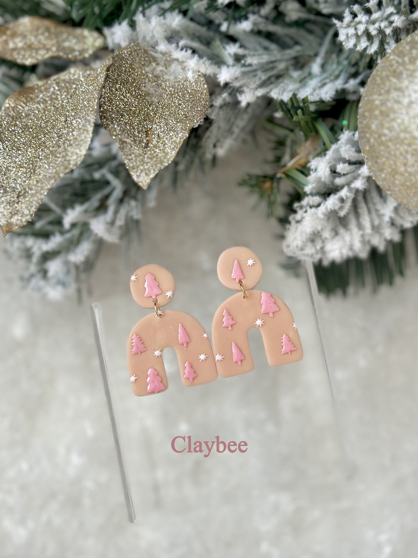 Christmas Trees with Snowflake .. Dangling Earrings .. Polymer Clay