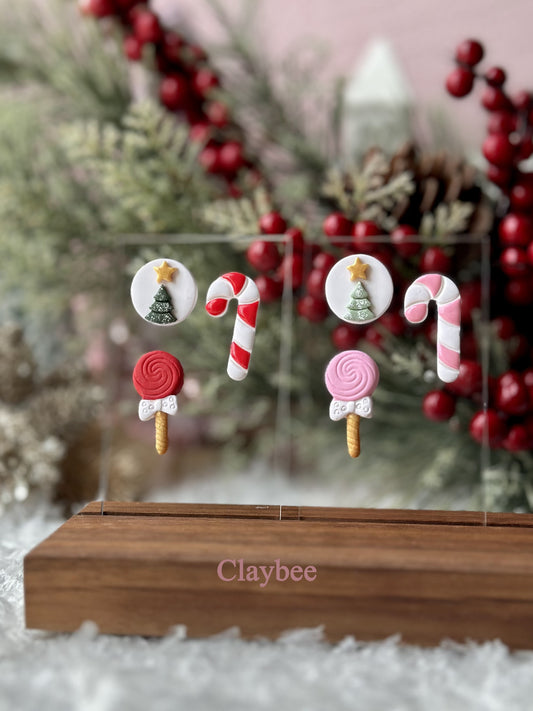 Christmas Set of Three Candy .. Festive Colors .. Stud Earrings .. Polymer Clay