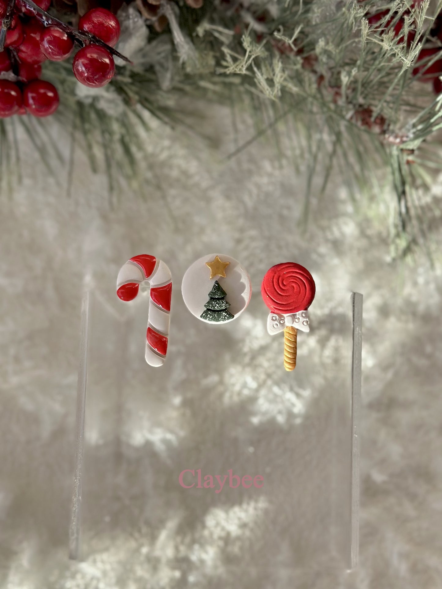 Christmas Set of Three Candy .. Festive Colors .. Stud Earrings .. Polymer Clay