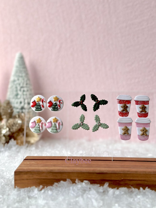 Christmas Holiday Set of Six .. Festive Colors .. Stud Earrings .. Polymer Clay