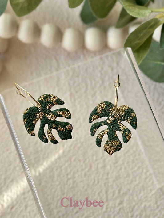 Gold Flakes Detailed Monstera Earrings .. Nature Inspired Colors .. Hoop Earrings .. Polymer Clay