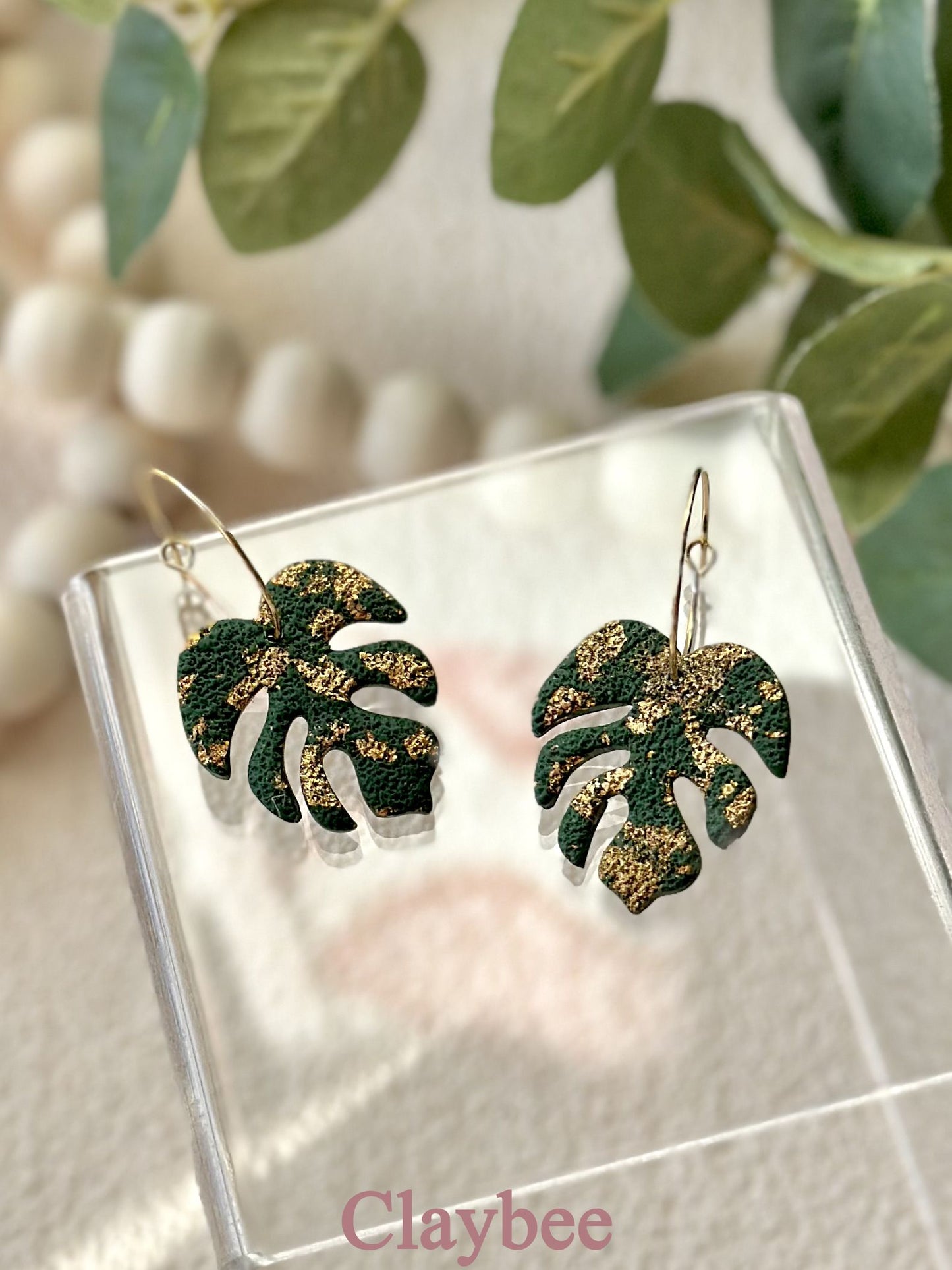 Gold Flakes Detailed Monstera Earrings .. Nature Inspired Colors .. Hoop Earrings .. Polymer Clay