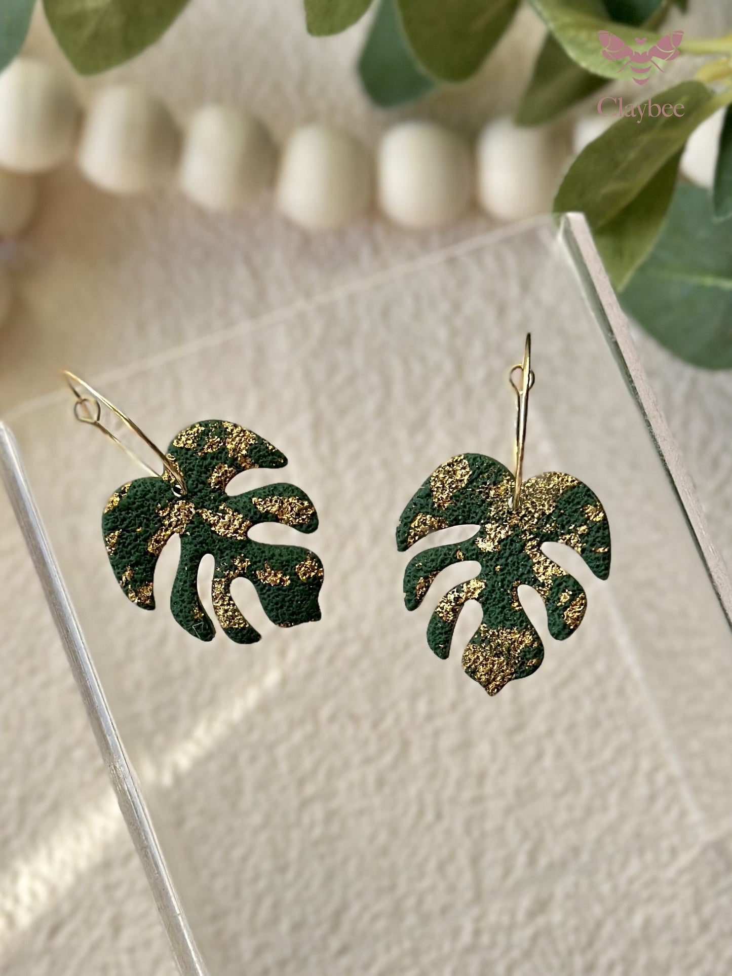 Gold Flakes Detailed Monstera Earrings .. Nature Inspired Colors .. Hoop Earrings .. Polymer Clay