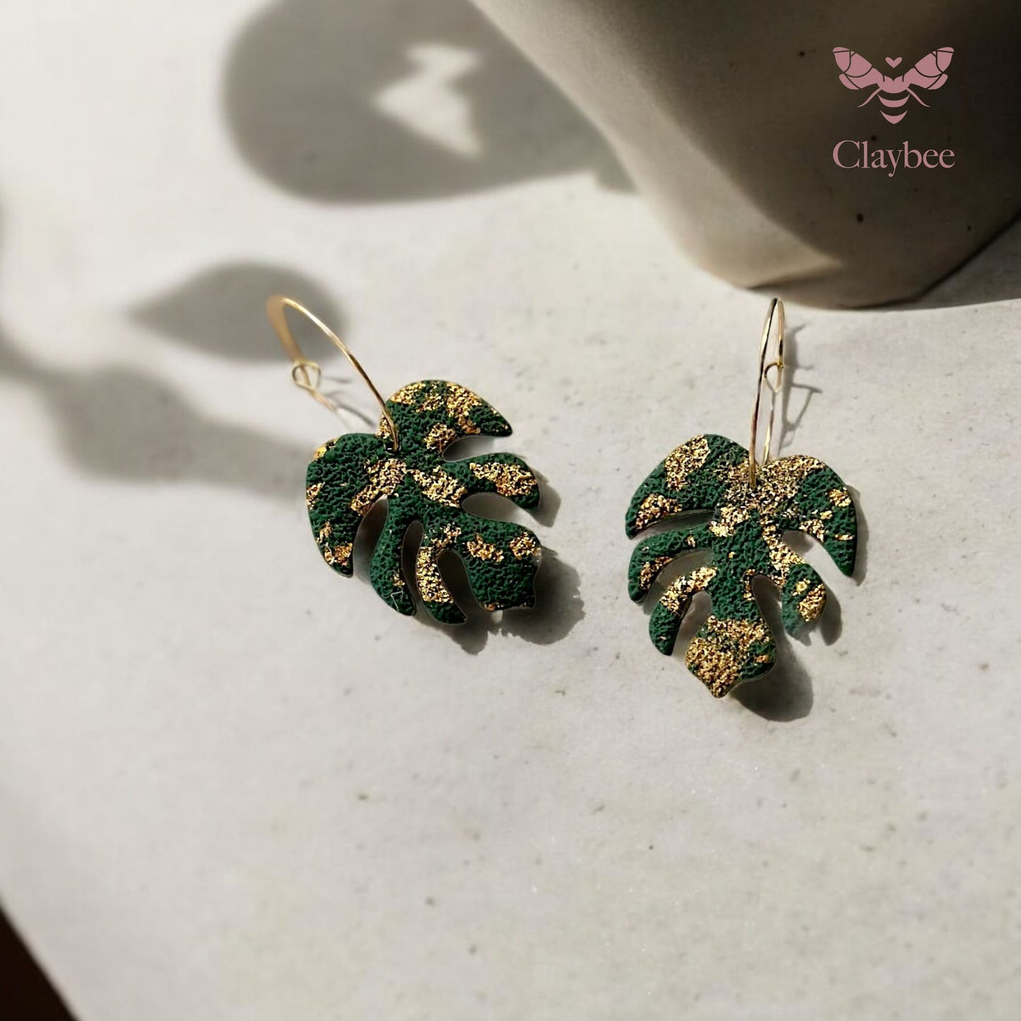 Gold Flakes Detailed Monstera Earrings .. Nature Inspired Colors .. Hoop Earrings .. Polymer Clay