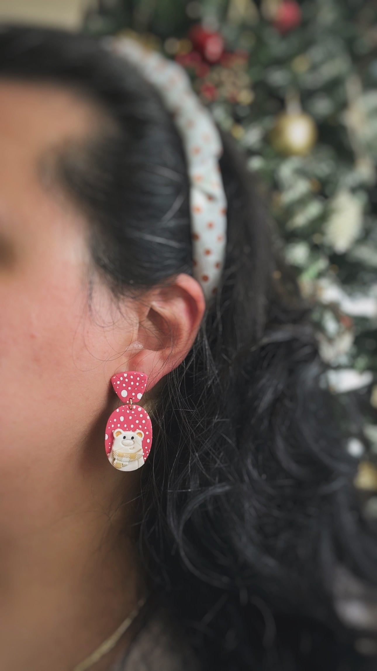 Christmas Fluffy Bear Earrings .. Festive Colors .. Dangling Earrings .. Polymer Clay