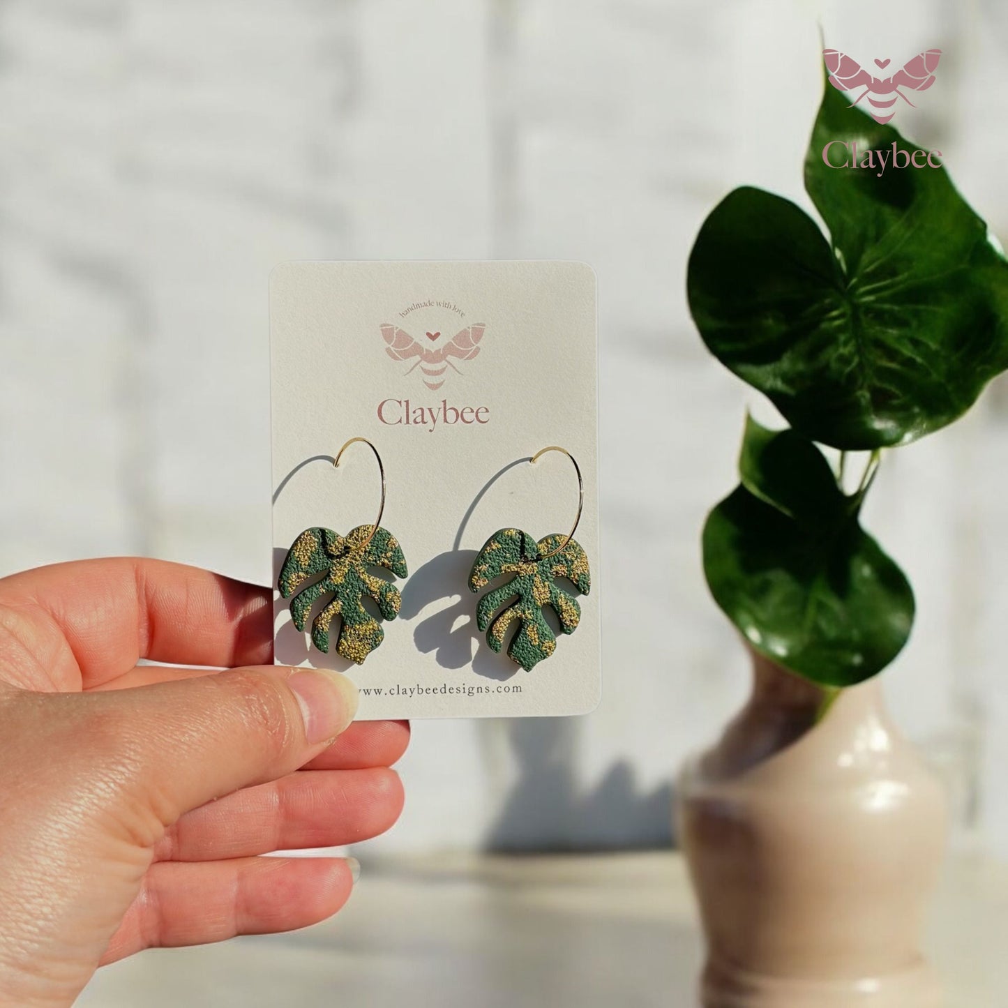 Gold Flakes Detailed Monstera Earrings .. Nature Inspired Colors .. Hoop Earrings .. Polymer Clay