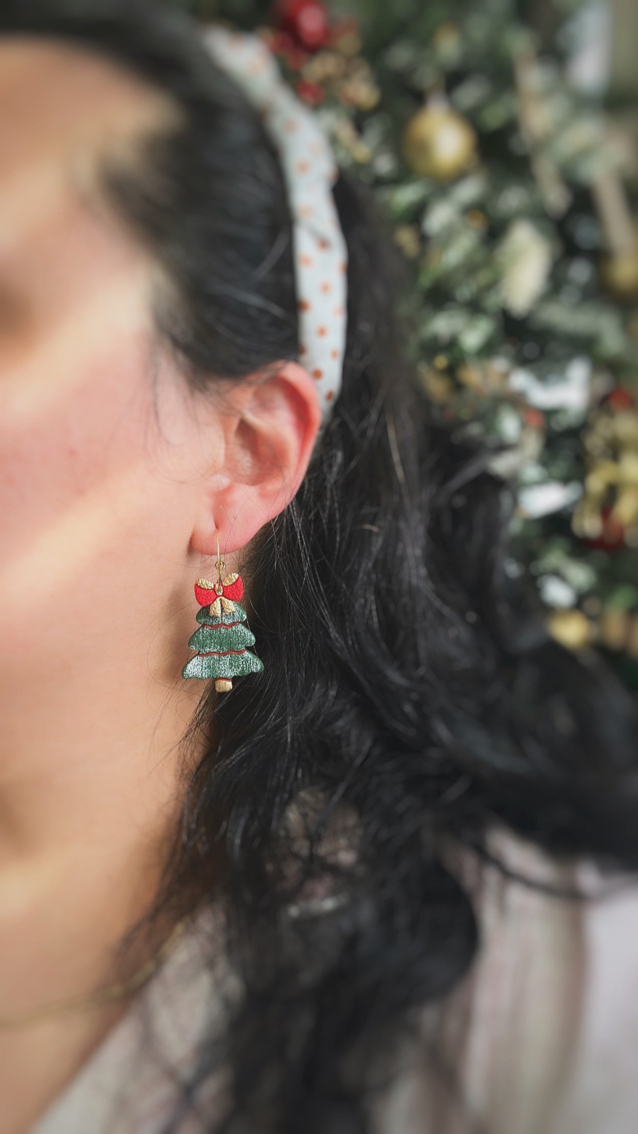 Christmas Bow Tree Earrings .. Festive Colors .. Dangling Earrings .. Polymer Clay